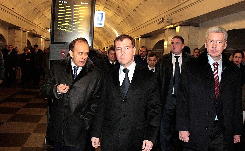 With Federal Security Service Director Alexander Bortnikov (left) and Moscow Mayor Sergei Sobyanin at the Okhotny Ryad metro station.