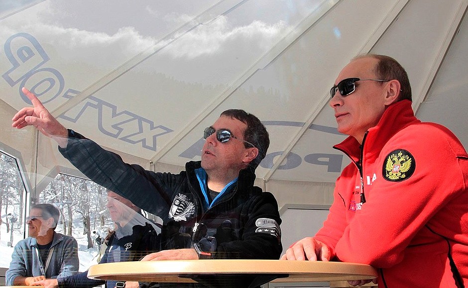 Visiting the Roza Khutor Alpine Ski Resort. Dmitry Medvedev watched a stage of the competition in the Alpine Ski European Cup 2011. With Prime Minister Vladimir Putin.
