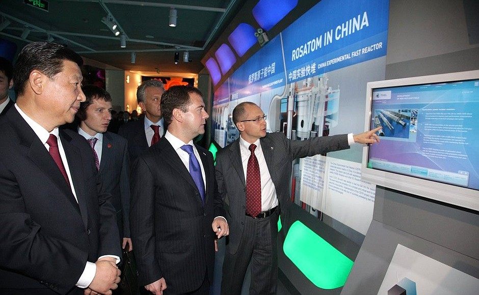 Visit to the Russian Pavilion at the 2010 World Expo. With Vice President of China Xi Jinping and CEO of Rosatom State Nuclear Energy Corporation Sergei Kiriyenko (right).