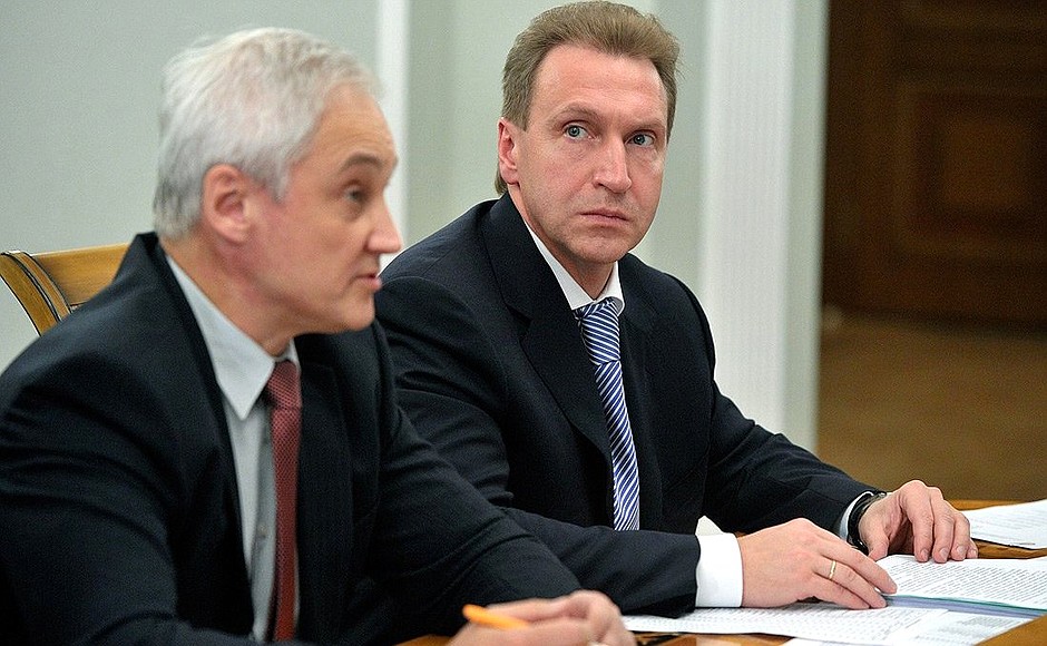 Meeting on social problems of single-industry towns. Economic Development Minister Andrei Belousov (left) and First Deputy Prime Minister Igor Shuvalov.