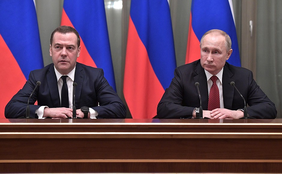 With Prime Minister Dmitry Medvedev at the meeting with members of the Government.