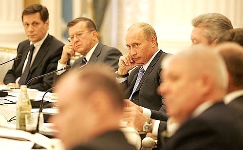 Deputy Prime Minister (Deputy Chairman of the Council) Alexander Zhukov, Prime Minister (First Deputy Chairman of the Council) Viktor Zubkov, President of Russia (Chairman of the Council) Vladimir Putin (from left to right) at a meeting of the Presidential Council for the Development of Physical Culture and Sport, Excellence in Sports, Preparation and Organisation of the XXII Winter Olympics and XI Paralympics in 2014 in Sochi.