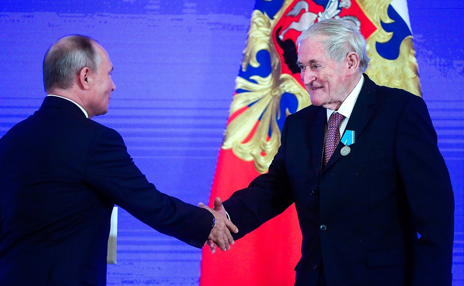 The ceremony for presenting Russian Federation state decorations. Chairman of Noble Grossart Limited merchant bank (UK) Angus Grossart receives the Medal of Pushkin.