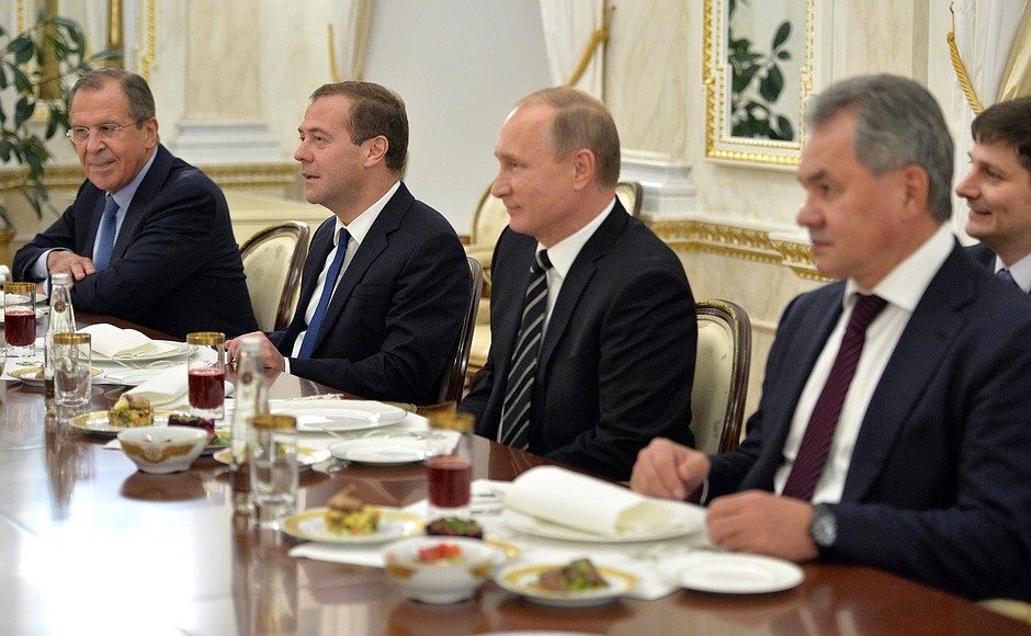 Foreign Minister Sergei Lavrov, Prime Minister Dmitry Medvedev, Vladimir Putin and Defence Minister Sergei Shoigu during Russian-Syrian talks.