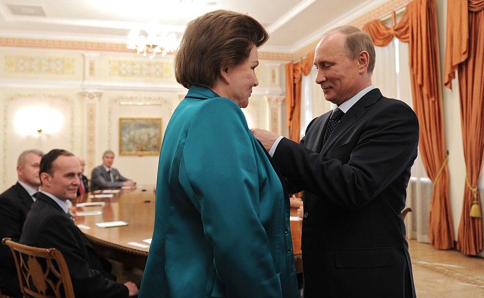 Vladimir Putin presented Valentina Tereshkova, currently deputy chairwoman of the State Duma Committee for International Affairs, the Order of Alexander Nevsky for her great contribution to developing Russian parliamentarianism and her active work as a lawmaker.