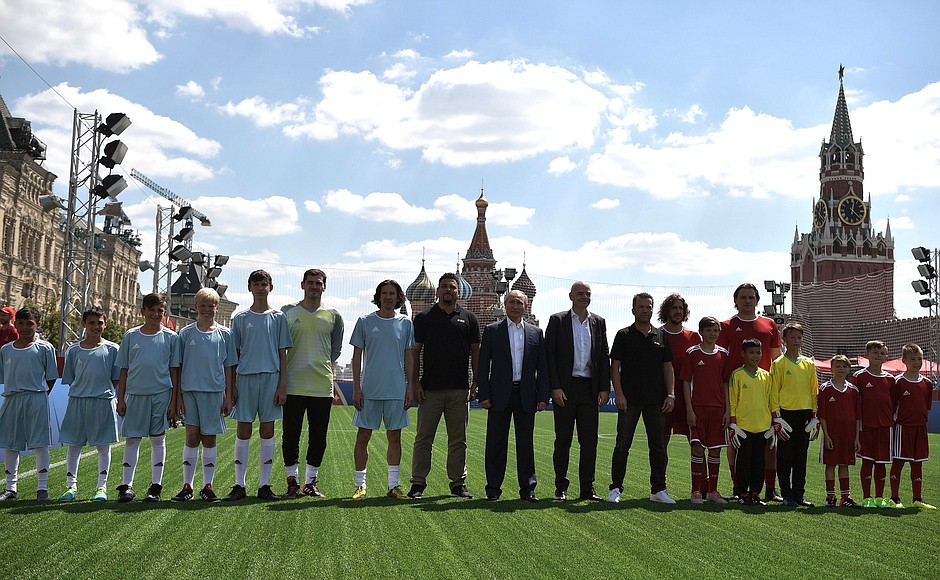 Before a friendly match between world football stars and young players from FC Totem Krasnoyarsk.