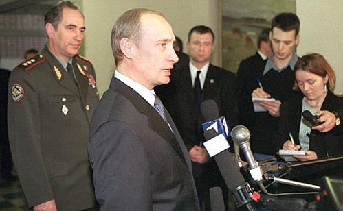President Vladimir Putin meeting with journalists during a visit to the Main Intelligence Directorate.