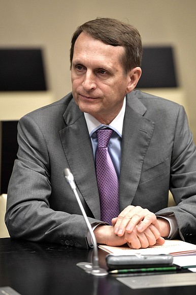 Head of the Foreign Intelligence Service Sergei Naryshkin at a meeting with permanent members of the Security Council.