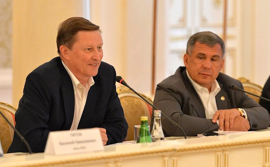 At a meeting of the VTB United League Council. With President of Tatarstan Rustam Minnikhanov.