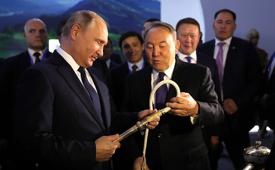 At the exhibition New Approaches and Trends in the Development of Tourism in Russia and Kazakhstan. The President of Russia was presented a traditional Kazakh kamcha horse whip.