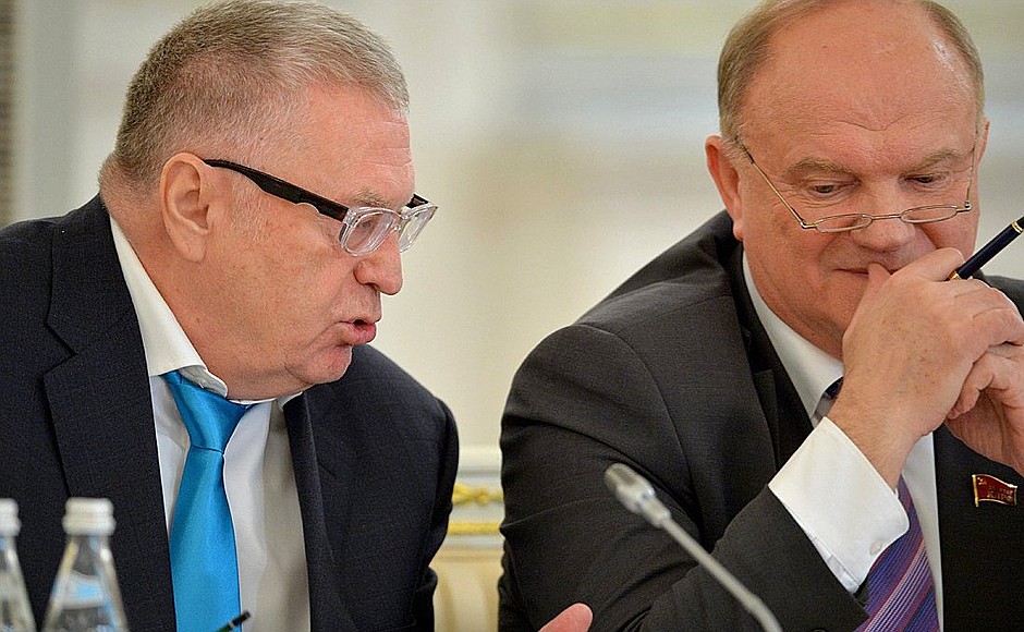 Before the joint session of the State Council and the Presidential Council for Culture and Art. Leader of the Liberal Democratic Party of Russia (LDPR) faction in the State Duma Vladimir Zhirinovsky (left) and leader of the Communist Party faction in the State Duma Gennady Zyuganov.