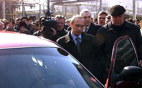 Acting Russian President Vladimir Putin at the steering wheel of the new Volga GAZ-3111 car, Gorky Automobile Plant (GAZ).