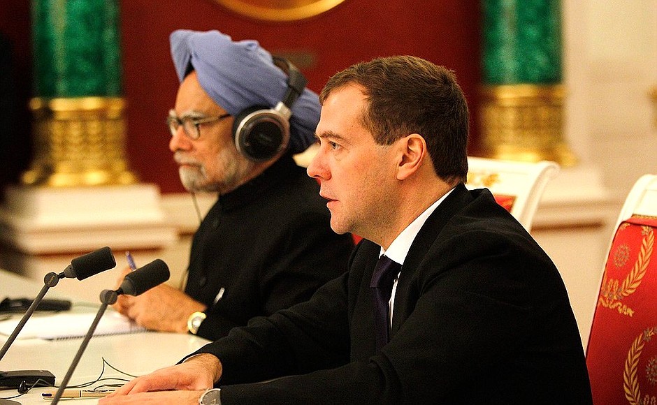 Совместная пресс-конференция с Премьер-министром Индии Манмоханом Сингхом по итогам российско-индийских переговоров.