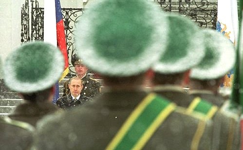 A march past at a banner presentation ceremony to services and arms of the Russian Armed Forces.