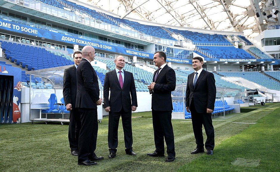 At Fisht Stadium with FIFA President Gianni Infantino, Governor of the Krasnodar Territory Veniamin Kondratyev and Presidential Aide Igor Levitin (right).