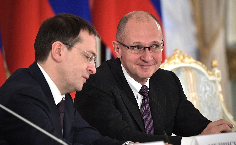 First Deputy Chief of Staff of the Presidential Executive Office Sergei Kiriyenko (right) and Culture Minister Vladimir Medinsky before the meeting of the Presidential Council for Culture and Art.