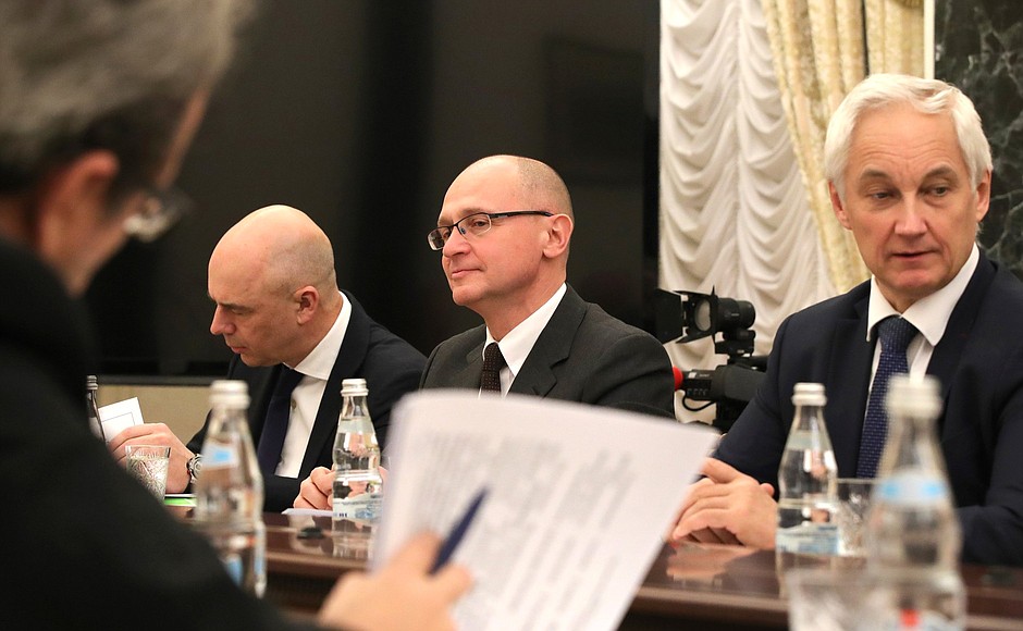 Before a meeting on the drafting of the Address to the Federal Assembly. Presidential Aide Andrei Belousov, First Deputy Chief of Staff of the Presidential Executive Office Sergei Kiriyenko and First Deputy Prime Minister and Finance Minister Anton Siluanov (from right to left).
