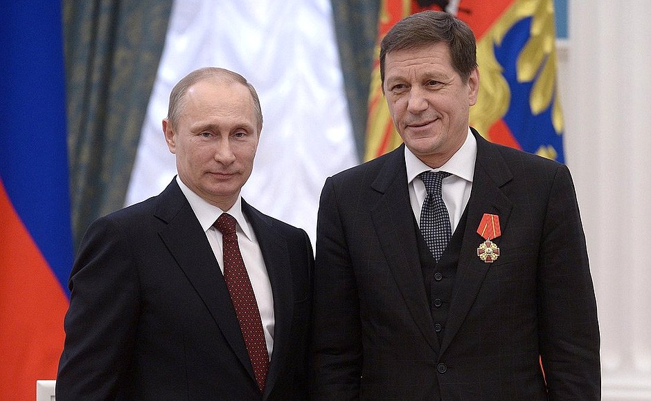 Presenting Russian Federation state decorations. Deputy Speaker of the State Duma and President of the Russian Olympic Committee Alexander Zhukov is awarded the Order of Alexander Nevsky.