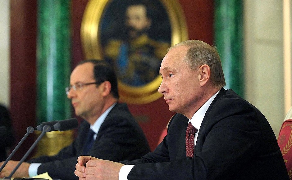 At a press conference following Russian-French talks. With President of France Francois Hollande.