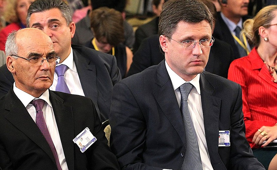 Algeria's Minister of Energy and Mines Youcef Yousfi (left) and Russia's Energy Minister Alexander Novak at a news conference held by the Russian President following the working meeting of the heads of state and government of the Gas Exporting Countries Forum.