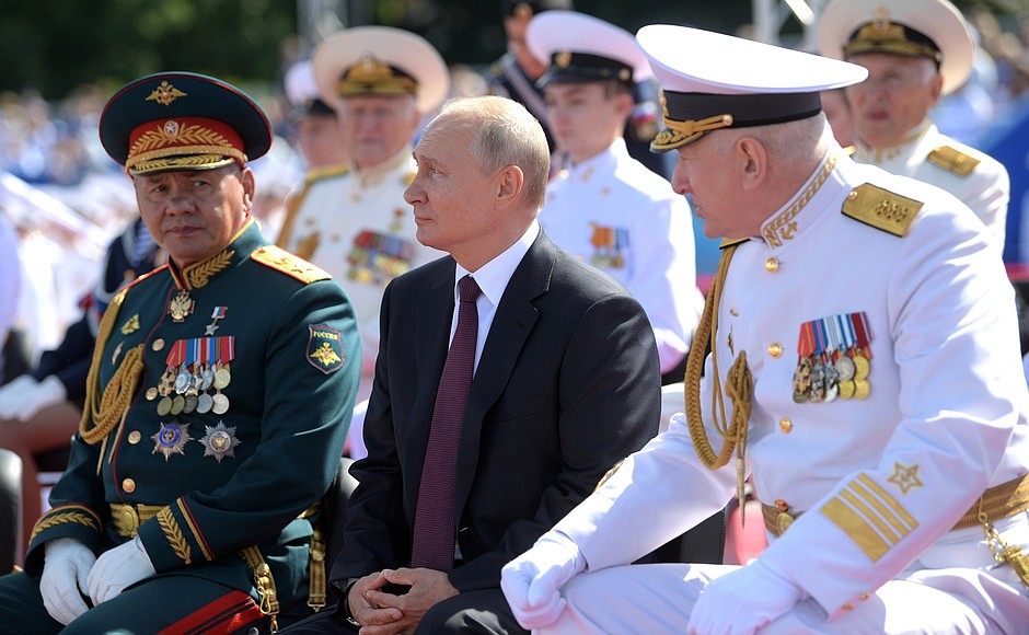 The Main Naval Parade. With Defence Minister Sergei Shoigu (left) and Commander-in-Chief of the Russian Navy Nikolai Evmenov.