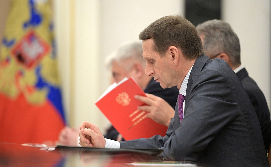 Before the meeting with permanent members of the Security Council. Head of the Foreign Intelligence Service Sergei Naryshkin.