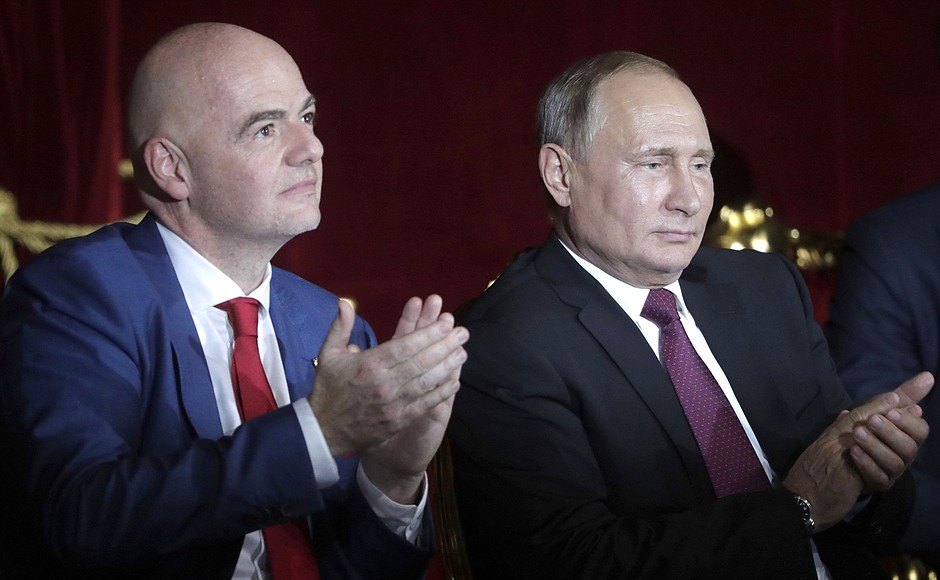 Vladimir Putin visited the Bolshoi Theatre to attend a gala concert starring world opera stars ahead of the 2018 FIFA World Cup final. With FIFA President Gianni Infantino.