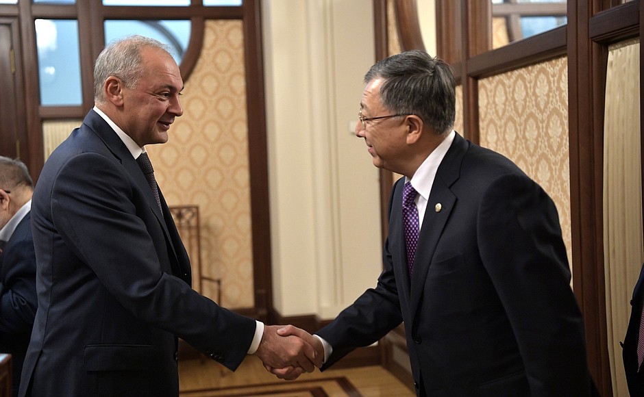 With Deputy Chairman Zhanseit Tuimebayev, Head of the Secretariat of the Assembly of the People of Kazakhstan at the Presidential Executive Office.