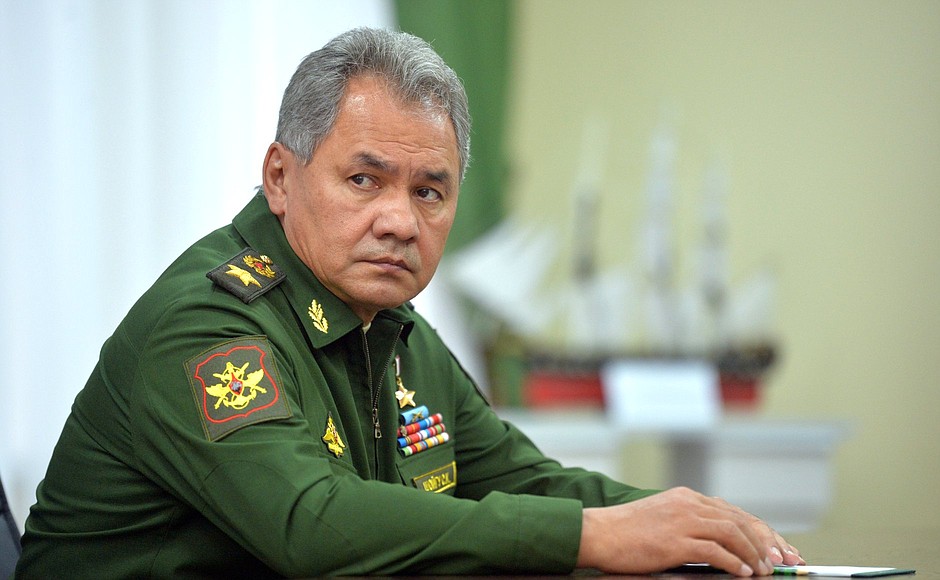 Defence Minister Sergei Shoigu during a videoconference with the heads of the central Nakhimov Academy in St Petersburg and the branch in Sevastopol.