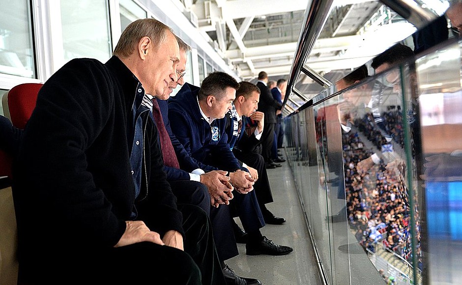Vladimir Putin attends a Continental Hockey League championship match between ice hockey teams Admiral (Vladivostok) and Ak Bars (Kazan).