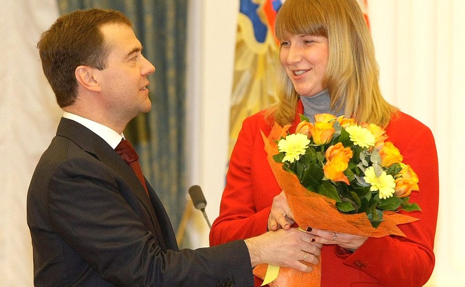 Ceremony presenting state decorations to medal winners at the X Paralympic Games in Vancouver. Alyona Gorbunova, who won one bronze medal, was awarded the medal of the Order for Services to the Fatherland II degree.
