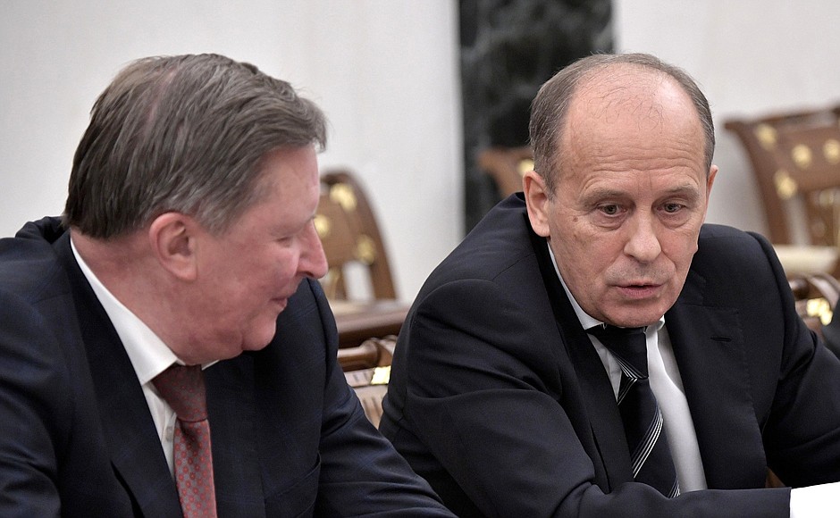 Special Presidential Representative for Environmental Protection, Ecology and Transport Sergei Ivanov (left) and Director of the Federal Security Service Alexander Bortnikov before the meeting with permanent members of the Security Council.
