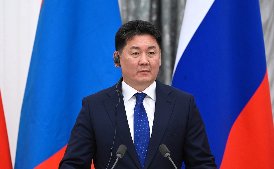 President of Mongolia Ukhnaagiin Khurelsukh during statements for the press following Russian-Mongolian talks.