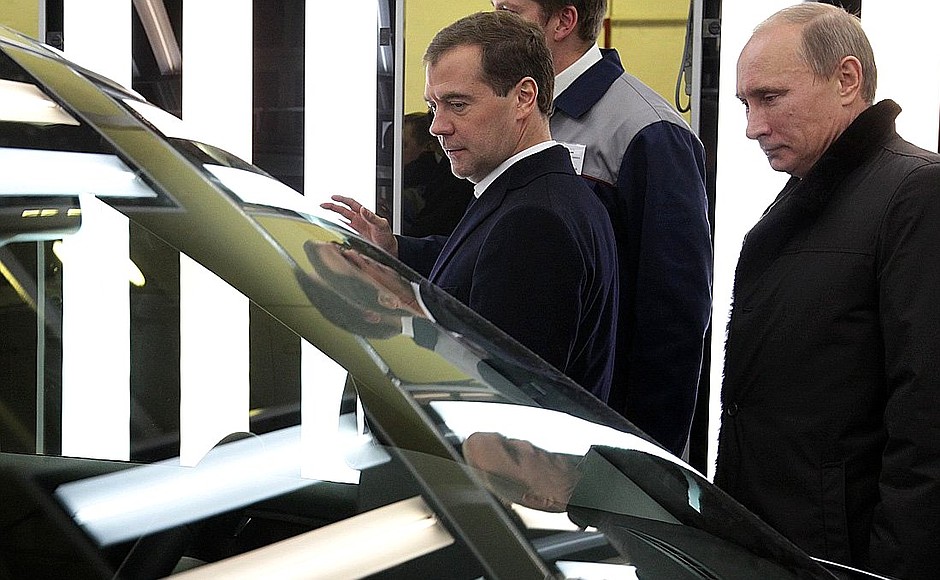 During visit to Gorky Automobile Plant. With Prime Minister Vladimir Putin.