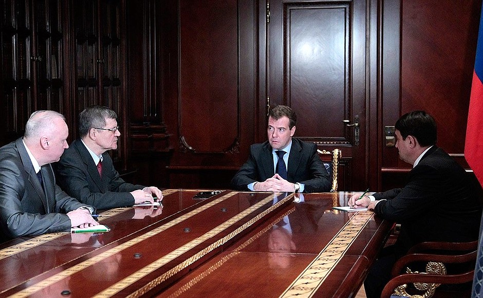 Emergency meeting following explosion at Domodedovo Airport. With head of Investigative Committee of the Russian Federation Alexander Bastrykin, Prosecutor General Yury Chaika and Transport Minister Igor Levitin (right).