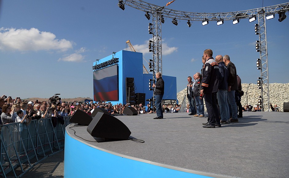 At the ceremonial rally and concert to mark the opening of the Crimean Bridge motorway section.