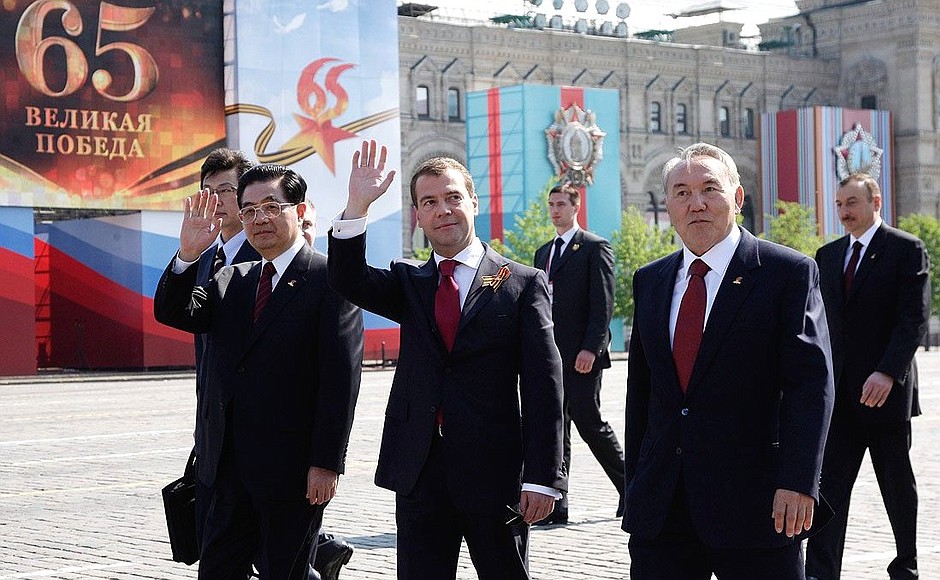 With President of China Hu Jintao and President of Kazakhstan Nursultan Nazarbayev after the Military parade in Honour of the 65th Anniversary of the Victory in the Great Patriotic War.