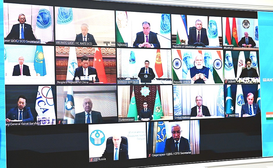 Participants in a meeting of the Shanghai Cooperation Organisation (SCO) Heads of State Council.