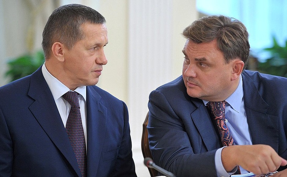 Presidential Aide and State Council Secretary Yury Trutnev (left) and Presidential Aide — Chief of the Presidential Control Directorate Konstantin Chuychenko before the State Council Presidium meeting on tasks for the Russian regions to increase the availability and improve the quality of medical care.