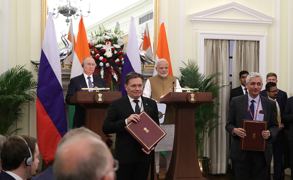 Vladimir Putin and Narendra Modi attended a ceremony held to exchange documents signed during the Russian President’s official visit to India.