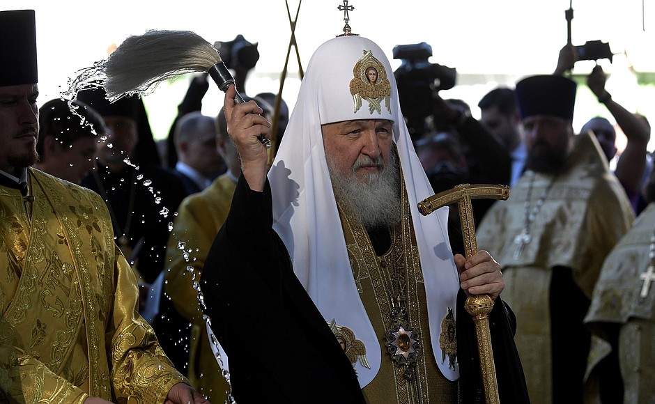 Patriarch Kirill of Moscow and All Russia during the stepping stone consecration ceremony for the main church of the Armed Forces at the Patriot military-patriotic park.