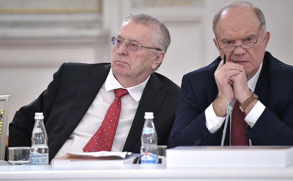 Communist Party leader Gennady Zyuganov (right) and leader of Liberal Democratic Party Vladimir Zhirinovsky at the meeting of the State Council.