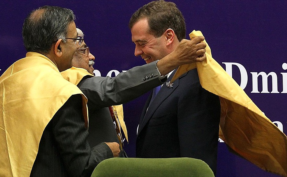Dmitry Medvedev received honorary Doctor of Philosophy degree from Jawaharlal Nehru University.