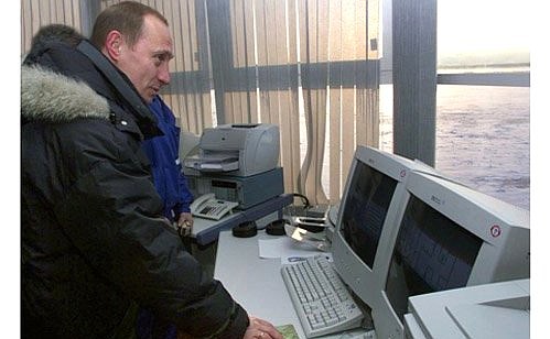 President Putin in the control room of the Petrokrepost tanker.