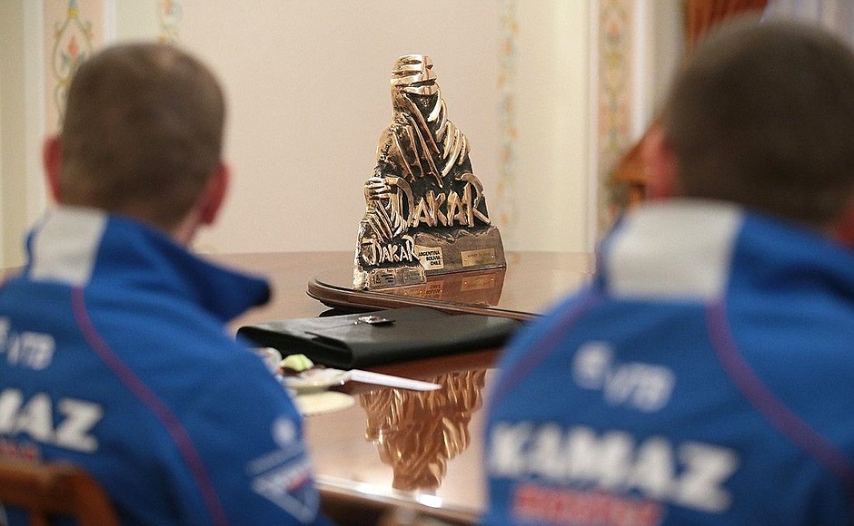 During the meeting with the KAMAZ-Master team. The 2014 Dakar Rally trophy.