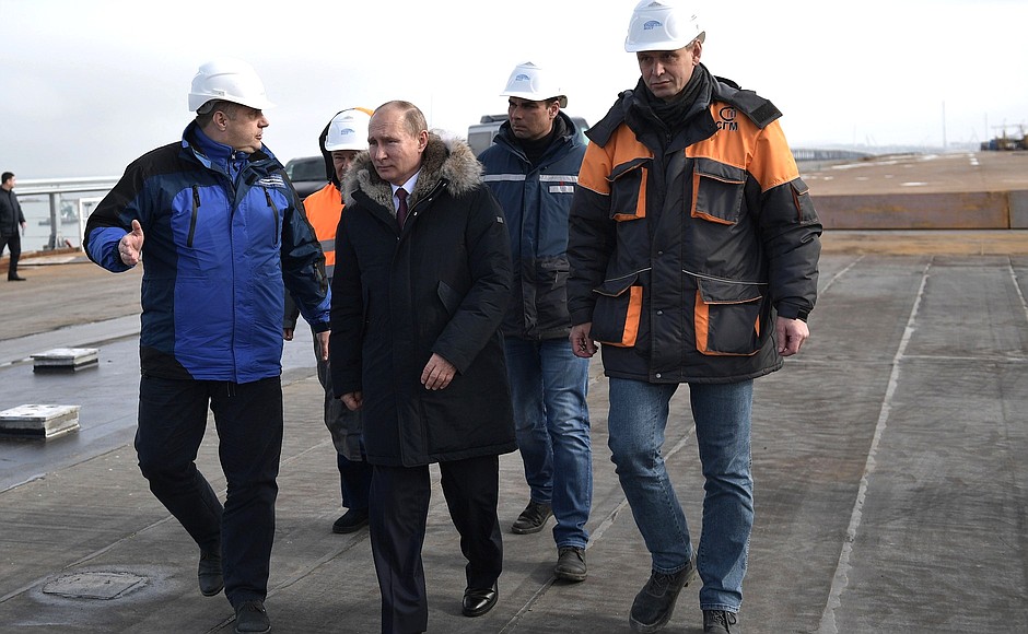 During the inspection of the completed road section of the Crimean Bridge.