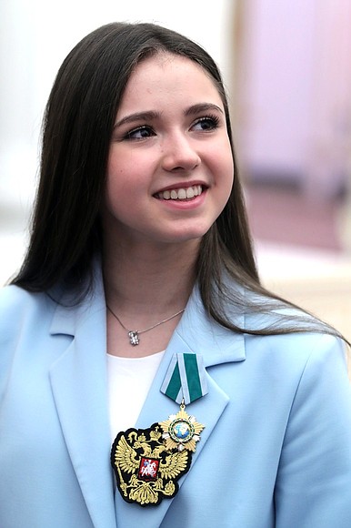 At ceremony for presenting state decorations to gold medallists of the XXIV Olympic Winter Games in Beijing. Kamila Valiyeva, the 2022 Winter Olympics gold medallist in team figure skating event, Merited Master of Sport of Russia, is awarded the Order of Friendship.