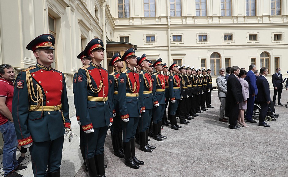 During the unveiling ceremony for a monument to Alexander III at Gatchina Palace.