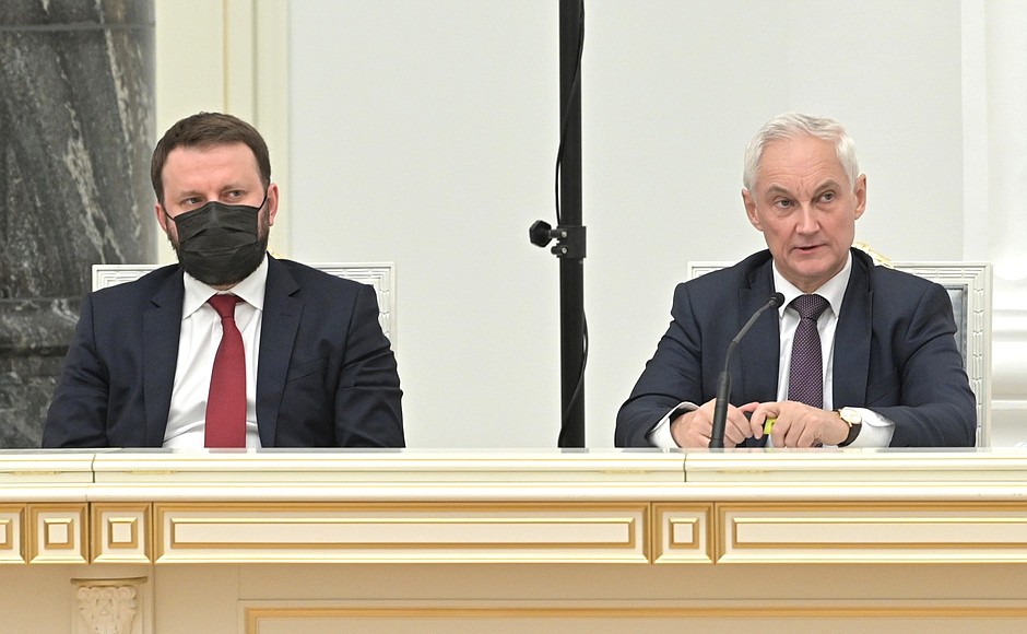 First Deputy Prime Minister Andrei Belousov (right) and Aide to the President Maxim Oreshkin during the meeting with representatives of Russian business circles.