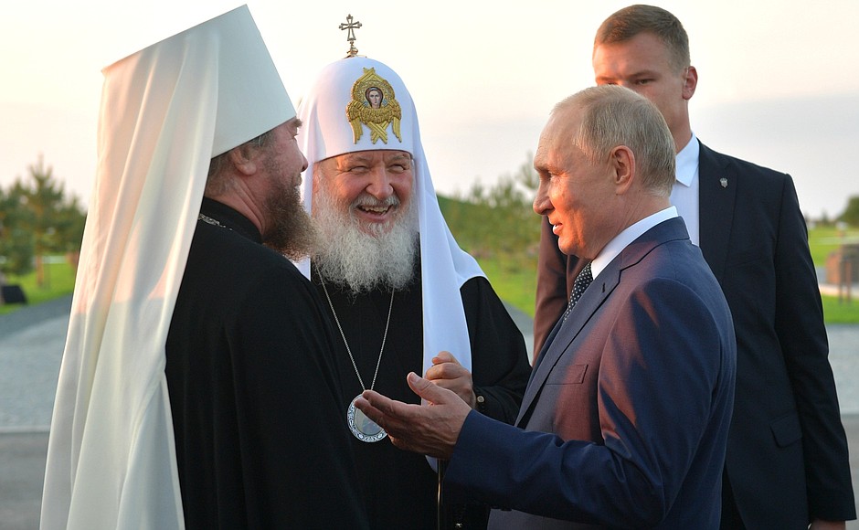 With Metropolitan Tikhon (Shevkunov) of Pskov and Porkhov and Patriarch Kirill of Moscow and All Russia after the ceremony unveiling the memorial complex Prince Alexander Nevsky and his Retinue.